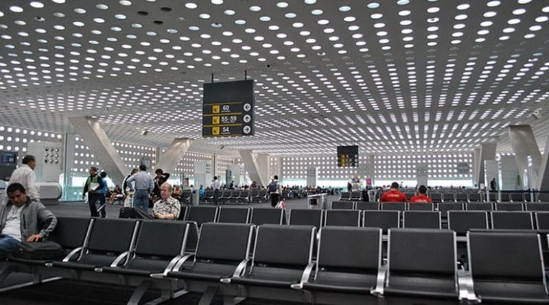 Departures waiting area in Terminal 2 of Mexico City International Airport (MEX) in Mexico City. Photo by ProtoplasmaKid, Wikipedia Commons.