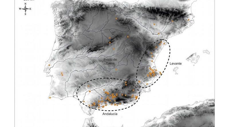 Map presenting the distribution of the bracelets and the different cultural areas defined by the UGR researcher