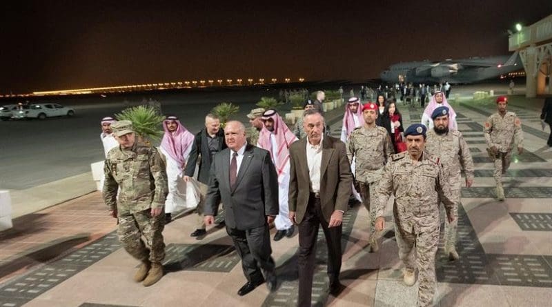 Saudi and American officers escort Marine Corps Gen. Joe Dunford from his C-17 after he arrived in Riyadh, Saudi Arabia, Nov. 7, 2016. The general will meet with U.S. and Saudi officials for discussions about issues of mutual concern. DoD photo by D. Myles Cullen
