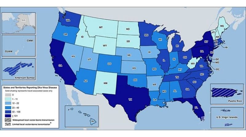 Laboratory-confirmed Zika virus disease cases reported to ArboNET by state or territory as of Nov. 2, 2016. ArboNET is a national surveillance system for arthropod-borne virus diseases in the United States, such as those from ticks and mosquitoes. Centers for Disease Control graphic