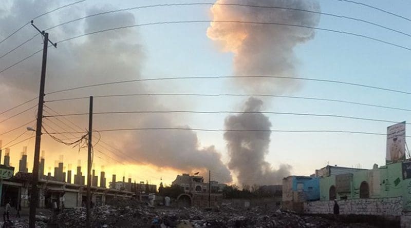 An airstrike in Sana'a, Yemen. Photo by Ibrahem Qasim, Wikipedia Commons.