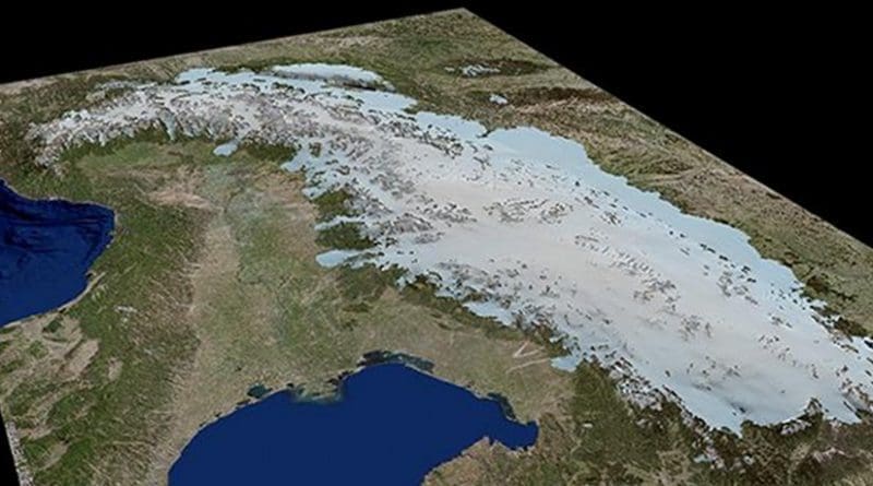 this is a 3-D ice-model of the Alps during Last Glacial Maximum. Credit Figure: University of Potsdam, background model based on ESRI Germany data