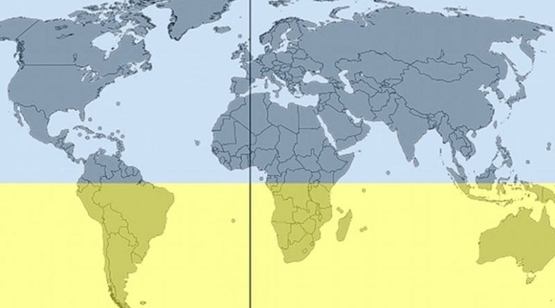 The Southern Hemisphere highlighted in yellow (Antarctica not depicted). Graphic by DLommes, Wikipedia Commons.