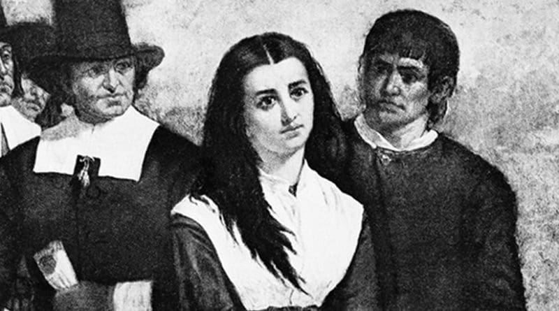 An accused "witch" during the witch trials in the late 1600s. Credit: Jessolsen, Wikipedia Commons.