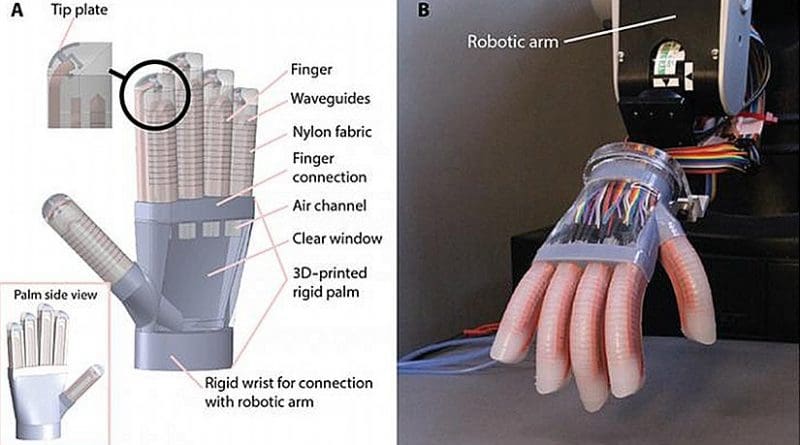 (A) Schematic of hand structure and components; (B) image of the fabricated hand mounted on a robotic arm with each finger actuated at ΔP = 100 kPa. Credit Cornell University