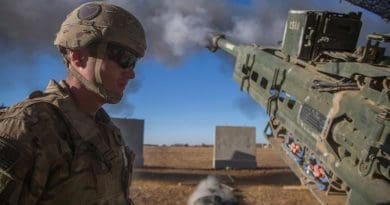 A soldier assigned to Charlie Battery, 1st Battalion, 320th Field Artillery Regiment, observes as an M777 A2 howitzer fires in support of Iraqi forces during the Mosul offensive at Platoon Assembly Area 14, Iraq, Dec. 7, 2016. Charlie Battery conducted the fire mission in support of Combined Joint Task Force Operation Inherent Resolve, the global coalition to defeat ISIL in Iraq and Syria. Army photo by Spc. Christopher Brecht