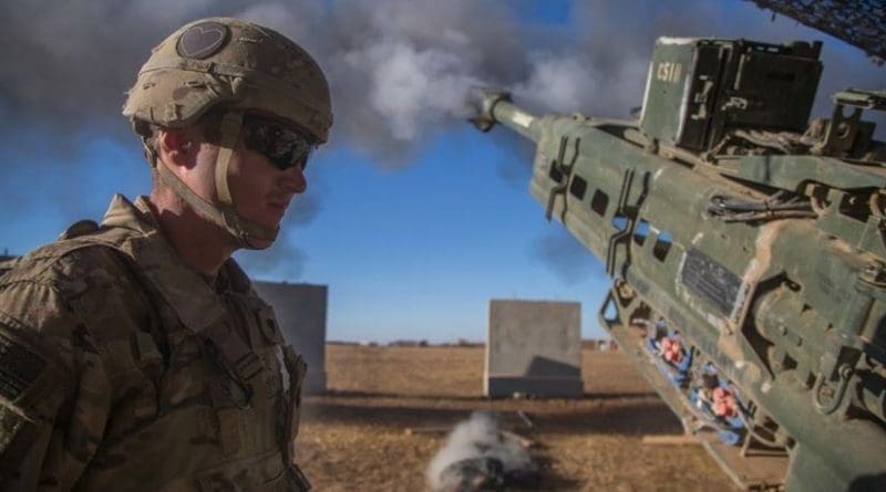 A soldier assigned to Charlie Battery, 1st Battalion, 320th Field Artillery Regiment, observes as an M777 A2 howitzer fires in support of Iraqi forces during the Mosul offensive at Platoon Assembly Area 14, Iraq, Dec. 7, 2016. Charlie Battery conducted the fire mission in support of Combined Joint Task Force Operation Inherent Resolve, the global coalition to defeat ISIL in Iraq and Syria. Army photo by Spc. Christopher Brecht