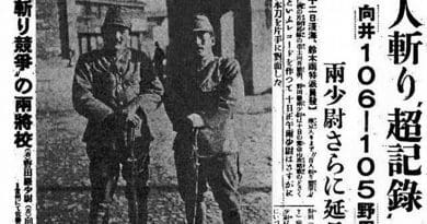 The "Contest To Cut Down 100 People" by Tsuyoshi Noda and Toshiaki Mukai. The article was written by Kazuo Asaumi and Jiro Suzuki at the foot of the Purple Mountain, the photograph was taken by Shinju Sato in Changzhou in 12 December 1937. Source: Wikipedia Commons.