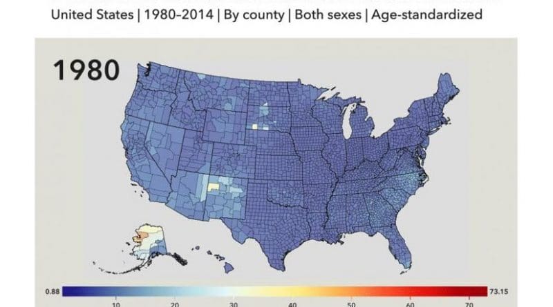 visualizing mortality from mental and substance use disorders from 1980 to 2014 by county. Credit Institute for Health Metrics and Evaluation