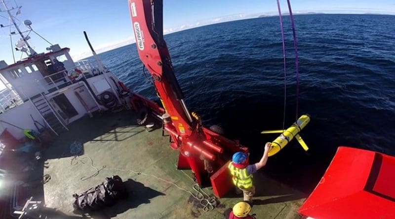Crew members aboard the VOS Raasay recover U.S. and British Royal Navy ocean gliders taking part in the Unmanned Warrior exercise off the northwest coast of Scotland, Oct. 8, 2016. A similar unmanned underwater vehicle was seized by the Chinese Navy in international waters off the coast of the Philippines Dec. 15. Navy photo by Cmdr. Santiago Carrizosa