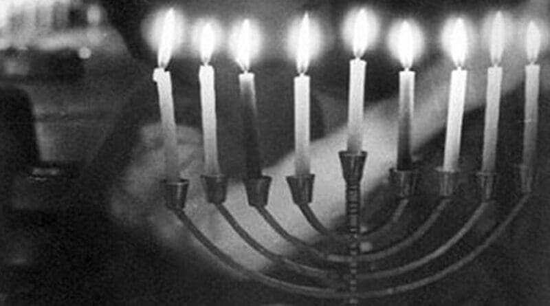 Menorah. Edited photo from Hashomer Hatzair Archives Yad, Wikipedia Commons. hanukah