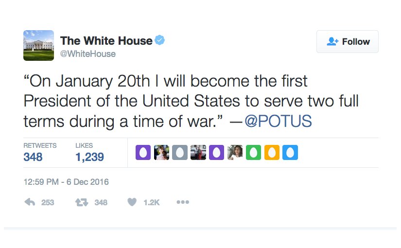 White House tweet: https://twitter.com/WhiteHouse/status/806241681913872386?ref_src=twsrc%5Etfw