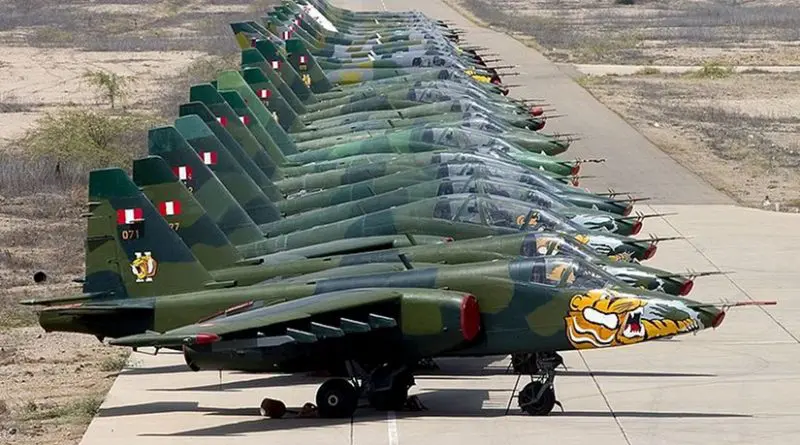 A lineup of Peruvian Sukhoi Su-25s, the country's main attack aircraft. Photo by Chris Lofting, Wikipedia Commons.