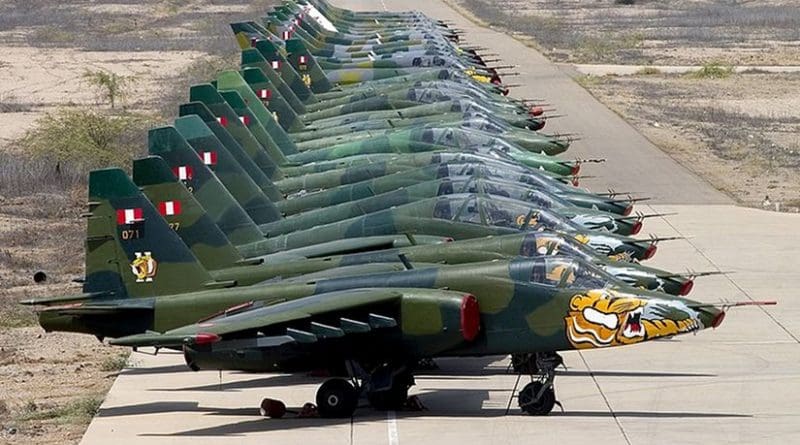 A lineup of Peruvian Sukhoi Su-25s, the country's main attack aircraft. Photo by Chris Lofting, Wikipedia Commons.