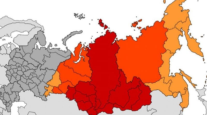 Location of Siberia in Russia (Dark red Siberian Federal District). Source: Wikipedia Commons..