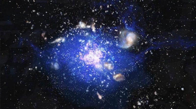 Artist's impression of a cosmic "ocean" of cold gas, discovered at heart of an embryonic cluster of galaxies, some 10 billion light years away. The central region has been given the name "Spiderweb" though it was previously known as MRC 1138-262, because it seems to consist of tiny galaxies trapped by gravity, rather like flies in a spider's web. The cold gas, the matter from which new stars form, is spread across a quarter of a million light years, and it is expected that this cloud of cosmic gas will condense into a single "supergalaxy." Credit ESO/ M. Kornmesser.
