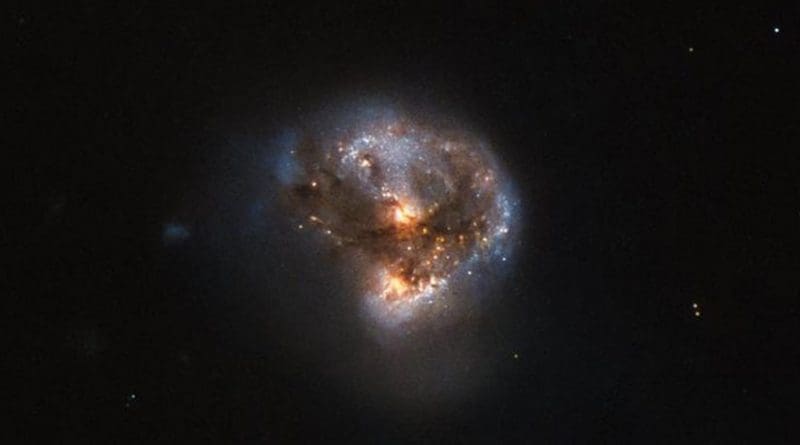 This megamaser galaxy is named IRAS 16399-0937 and is located over 370 million light-years from Earth. This NASA/ESA Hubble Space Telescope image belies the galaxy's energetic nature, instead painting it as a beautiful and serene cosmic rosebud. The image comprises observations captured across various wavelengths by two of Hubble's instruments: the Advanced Camera for Surveys (ACS), and the Near Infrared Camera and Multi-Object Spectrometer (NICMOS). Credit ESA/Hubble & NASA, Acknowledgement: Judy Schmidt (geckzilla)