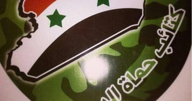 Emblem of Kata’ib Humat al-Diyar, featuring Syria as the main part of the emblem and the group’s name beneath it.