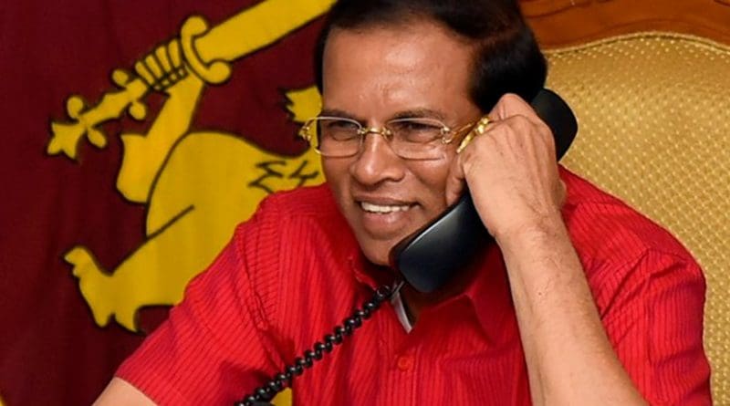 Sri Lanka President Maithripala Sirisena speaks on telephone with US Vice President-Elect Mike Pence. Photo Credit: Sri Lanka government.