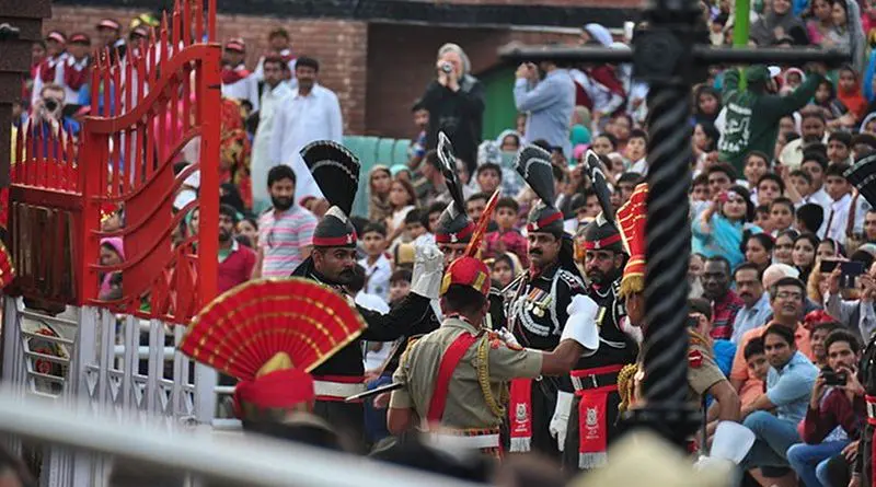 Border personnel from India and Pakistan during the Wagah Border ceremony. Photo by Therealhiddenace, Wikipedia Commons.