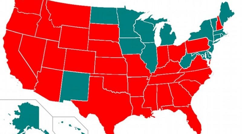 A map showing the use of the death penalty in the United States by individual states. States in red allow the death penalty. Source: Wikipedia Commons.