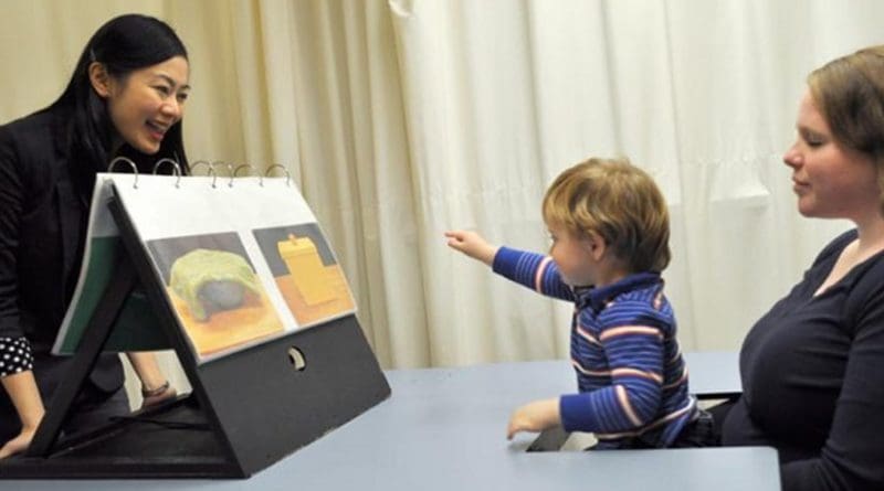 A child reacting to a question posed by NTU Assistant Professor Setoh Pei Pei (left) in a study that showed that the cognitive abilities of two-and-a-half-year-olds are more advanced than previously thought. Credit NTU Singapore