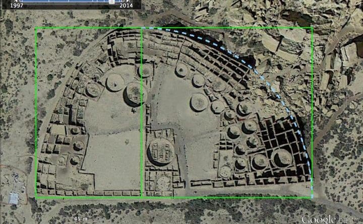 This is a satellite photo of Pueblo Bonito archaeological site with illustrations demonstrating its geometrical properties. Credit Dr. Sherry Towers