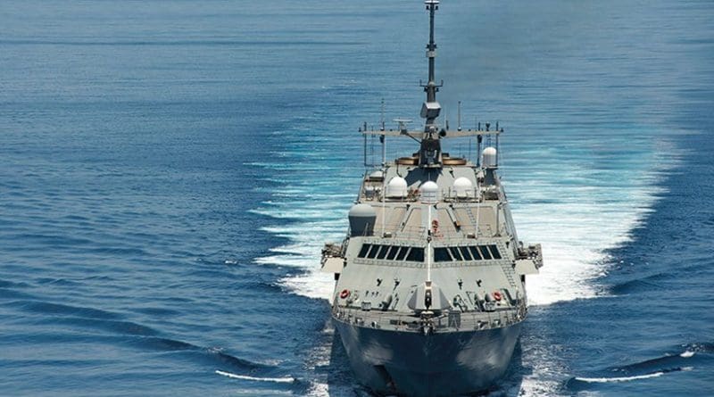 Littoral combat ship USS Fort Worth conducts routine patrols in international waters of South China Sea near Spratly Islands as People’s Liberation Army Navy guided-missile frigate Yancheng sails close behind, May 11, 2015 (U.S. Navy/Conor Minto)