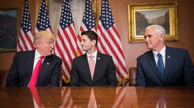 Donald Trump, Paul Ryan, and Mike Pence. Photo by Caleb Smith; Office of the Speaker of the House, Wikipedia Commons.