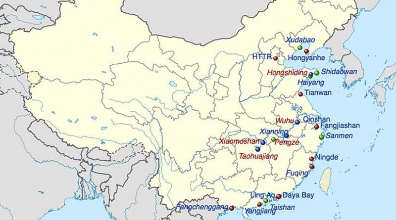 Nuclear power plants in China: Red - Active plants; Green - Under construction plants; Blue - Firmly planned plants. Source: Wikipedia Commons.