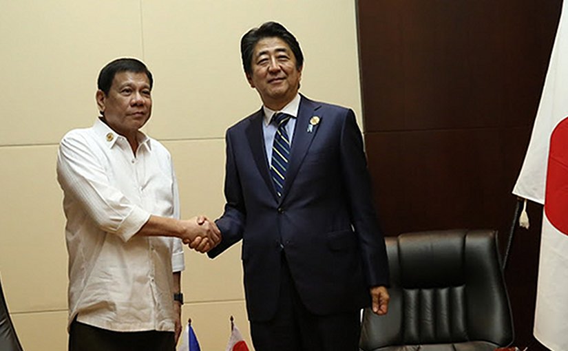 The Philippines' Rodrigo Duterte meeting with Japanese Prime Minister Shinzō Abe. Photo by King Rodriguez - Presidential Communications Operations Office, Wikipedia Commons.