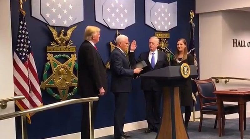 US President Donald Trump observers as VP Mike Pence swears in Gen. James Mattis as Secretary of Defense. Credit: Screenshot from Pentagon video.