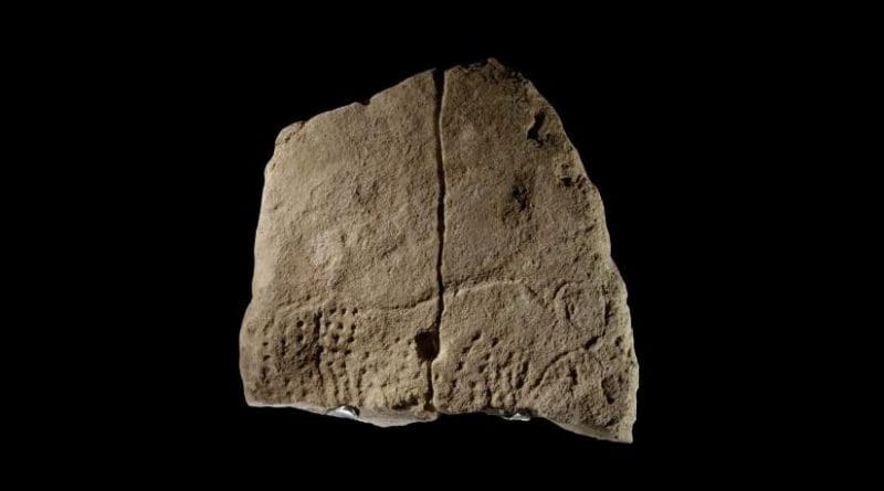 An international team of anthropologists has uncovered a 38,000-year-old engraved image, above, in a southwestern French rockshelter -- a finding that marks some of the earliest known graphic imagery found in Western Eurasia and offers insights into the nature of modern humans during this period. The limestone slab engraved with image of an aurochs, or extinct wild cow, was discovered at Abri Blanchard in 2012. Credit Musée national de Préhistoire collections - photo MNP - Ph. Jugie