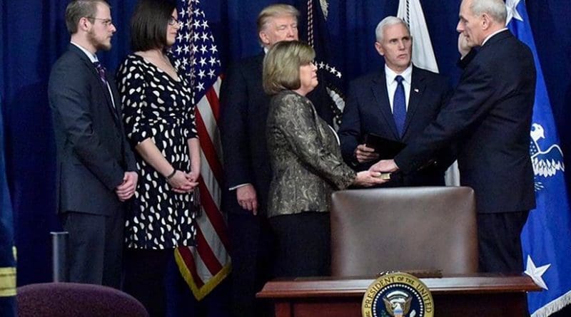 John Kelly is ceremonially sworn in prior to President Donald Trump's speech at DHS Headquarters. Photo Credit:U.S. Department of Homeland Security (DHS), Wikipedia Commons.