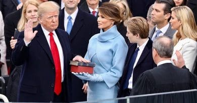 Donald Trump takes the oath of office as the President of the United States. White House photographer, Wikipedia Commons.