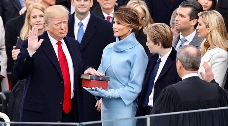 Donald Trump takes the oath of office as the President of the United States. White House photographer, Wikipedia Commons.