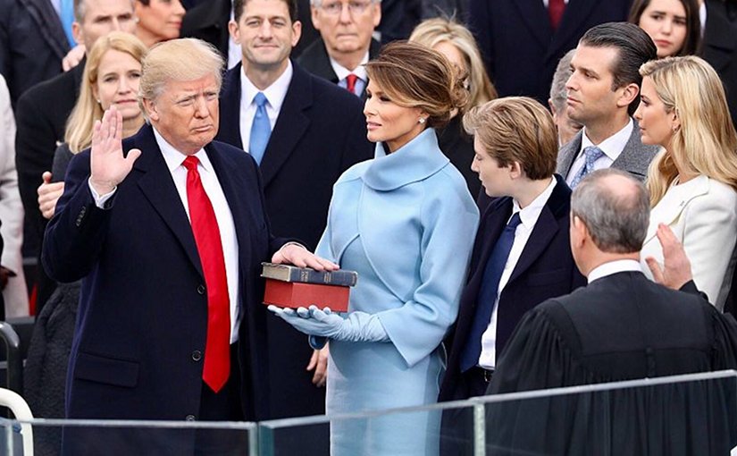 Donald Trump takes the oath of office as the President of the United States. White House photographer, Wikipedia Commons.