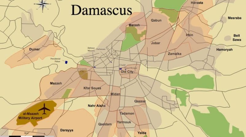 Location of Mezzeh Military Airport in Damascus, Syria, in brown at the bottom left. Map by MrPenguin20, Wikipedia Commons.