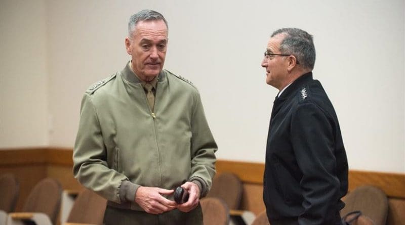 Marine Corps Gen. Joe Dunford, left, chairman of the Joint Chiefs of Staff, speaks with Army Gen. Curtis M. Scaparrotti, NATO’s supreme allied commander for Europe at the alliance’s headquarters in Brussels, Jan. 17, 2017. NATO’s chiefs of defense meet twice a year to discuss NATO operations and missions to provide the North Atlantic Council with consensus-based military advice on how to best meet global security challenges. DoD photo by Army Sgt. James K. McCann