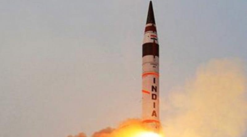 India's launch of the Agni V missile. Press Information Bureau, Government of India, Wikipedia Commons.