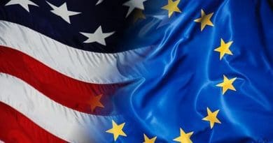 Flags of the European Union and the United States.