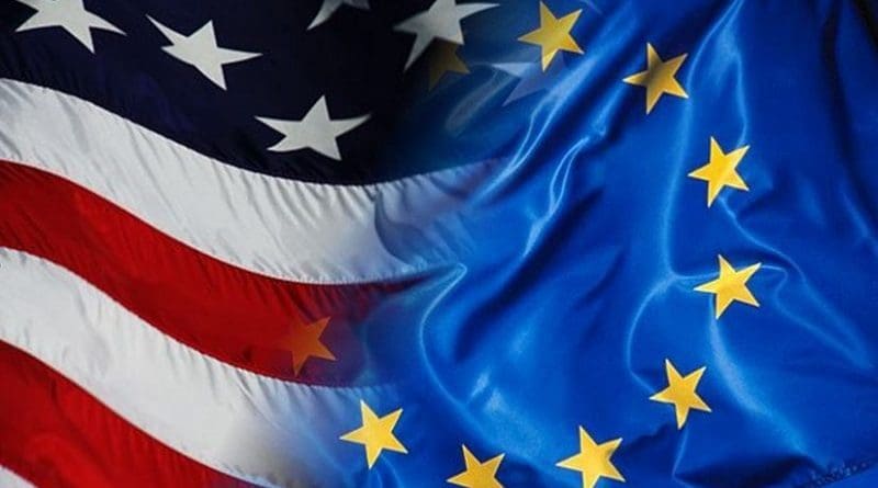 Flags of the European Union and the United States.