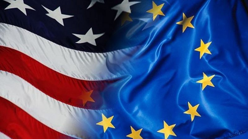Flags of the European Union and the United States.