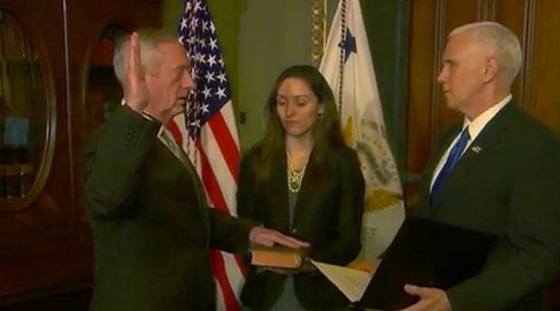 Marine Corps Gen. James Mattis sworn in as US Defense Secretary by Vice President Michael R. Pence. Photo Credit: Screenshot of DoD video.