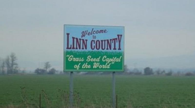 Sign welcoming visitors to Linn County, Oregon. Photo by Otebig, Wikipedia Commons.
