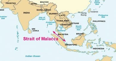 The Strait of Malacca connects the Pacific Ocean to the east with the Indian Ocean to the west. Source: DoD, Wikipedia Commons.