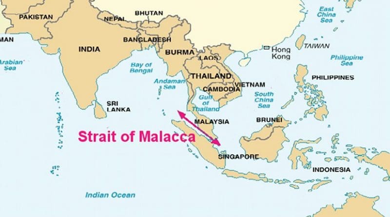 The Strait of Malacca connects the Pacific Ocean to the east with the Indian Ocean to the west. Source: DoD, Wikipedia Commons.