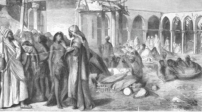 A slave market in Khartoum, c. 1876. Artist unknown - J Ewing Ritchie (1876-79) The life and discoveries of David Livingstone (Pictorial ed.), London: A. Fullarton, Wikipedia Commons.