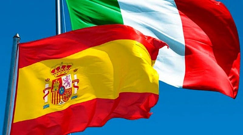 Flags of Spain and Italy.