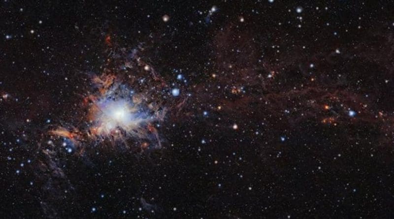 This image from the VISTA infrared survey telescope at ESO's Paranal Observatory in northern Chile is part of the largest infrared high-resolution mosaic of Orion ever created. It covers the Orion A molecular cloud, the nearest known massive star factory, lying about 1350 light-years from Earth, and reveals many young stars and other objects normally buried deep inside the dusty clouds. Credit ESO/VISION survey